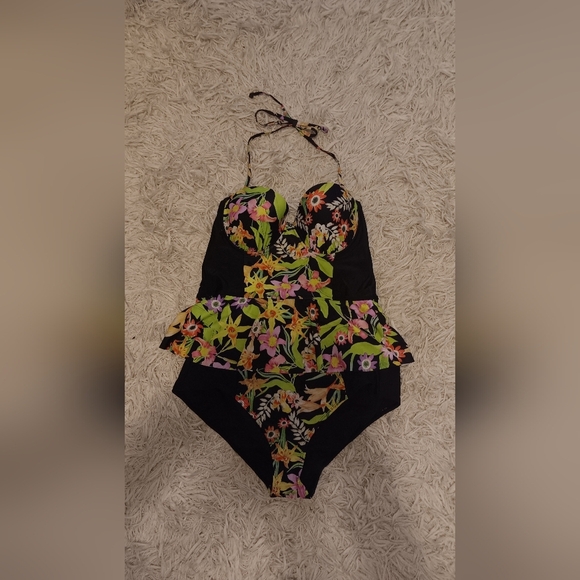 Floral Halter Top - Black with Multicolor Flowers - Picture 2 of 6